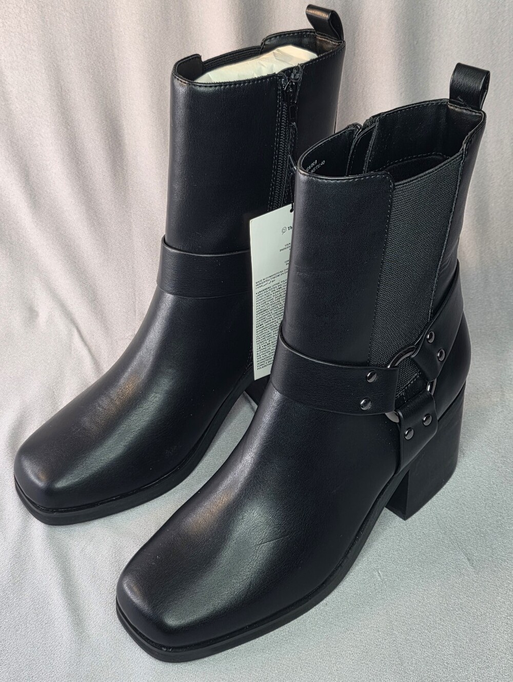 The Drop Black Leather Block Chunky Wedge Heel Ankle Boots Square Toe Size 9 NWT